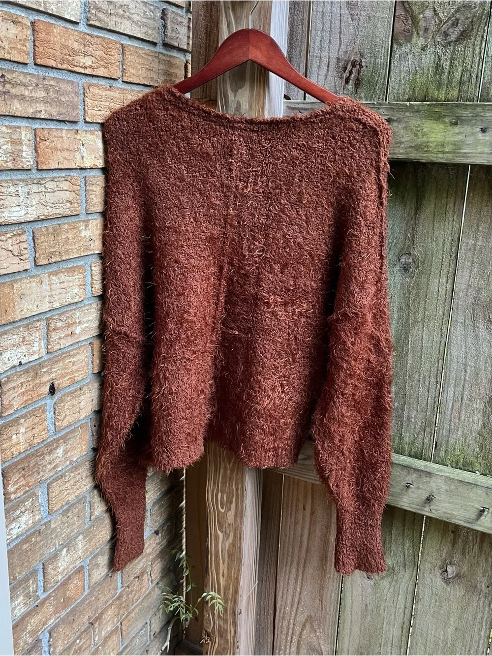 Free People Oversized Rust Brown V-Neck Fuzzy Pullover Sweater